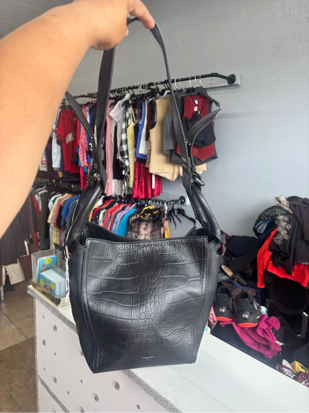 Tahari Black Croc-Embossed Shoulder Bag